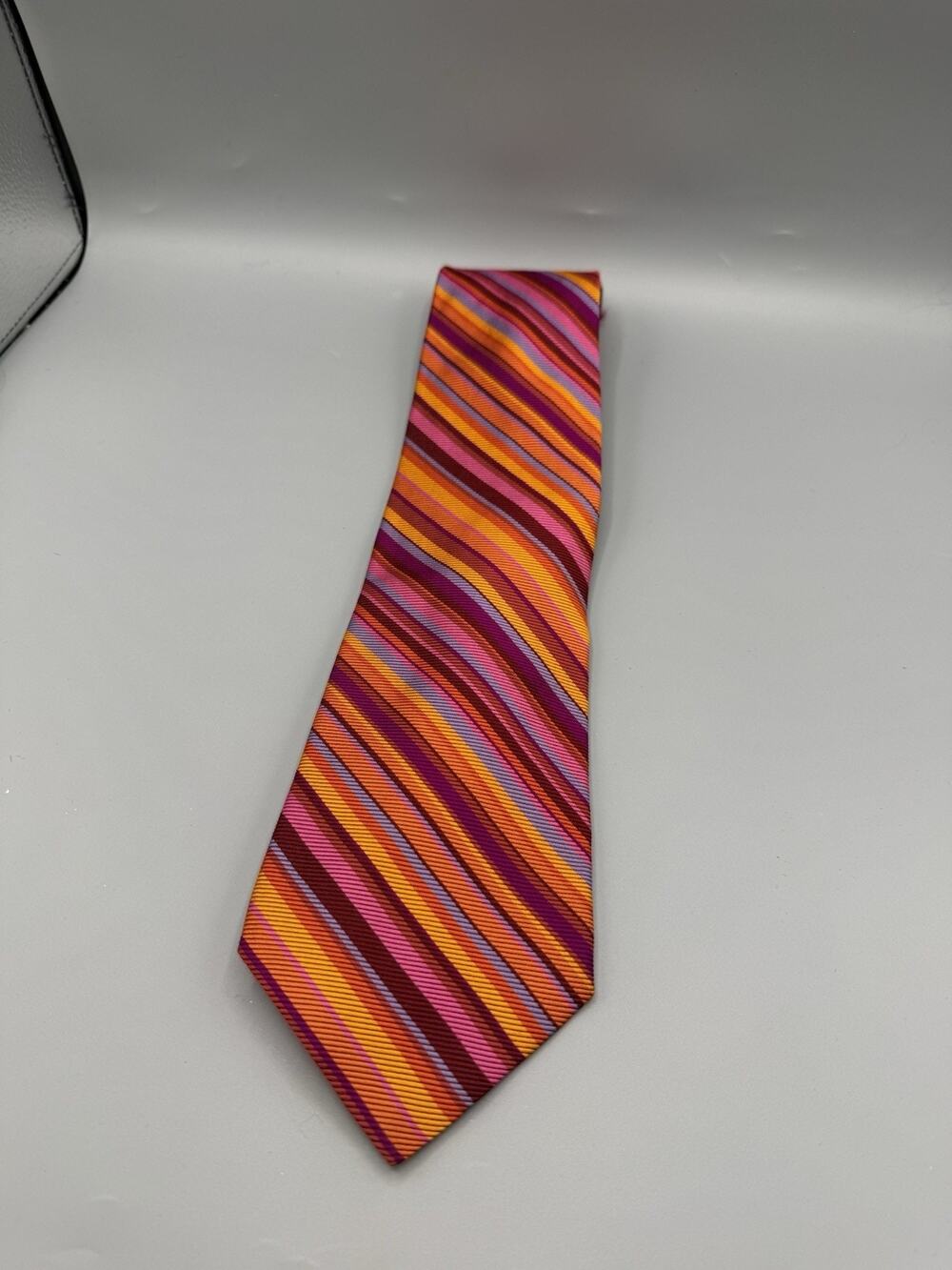 Talbots Men’s 100% Silk Neck Tie Orange Pink Purple Striped Multicolor EUC
